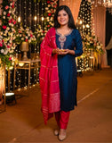 Vatican Silk Blue Straight Kurti Set with Rani Dupatta & Embroidered Top