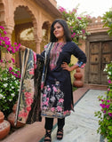 Premium Cotton Black & Mustard Printed Kurta Set with Embroidery & Floral Dupatta