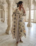 White Digital Print Pure Cotton A-Line Kurti Set with Printed Bottom & Dupatta