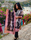 Brown Chiffon Straight Suit Set with Mirror Print & Jari Work Dupatta