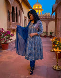 Chanderi Silk Blue Flared Kurti Set with Embroidered V-Neck & Lace Dupatta