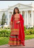 Elegant Chinon Silk Sharara Set with Embroidered Short Kurta & Lace Dupatta