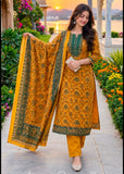 Cotton Mustard Green Straight Kurti Set with Ajrak Print & Dupatta