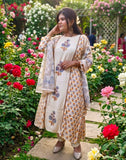 Elegant Cream Cotton Blend Floral Printed Suit with Handwork & Dupatta