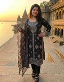 Black Premium Cotton Straight Suit Set with Embroidery Thread Work & Printed Dupatta