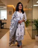 Elegant Swiss Cotton White & Grey A-Line Kurti Set with Digital Print Dupatta