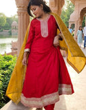 Red Georgette Anarkali Party Wear Suit with Zari Embroidery & Mustard Dupatta