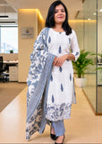 Elegant Swiss Cotton White & Grey A-Line Kurti Set with Digital Print Dupatta