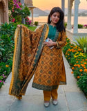 Cotton Mustard Green Straight Kurti Set with Ajrak Print & Dupatta