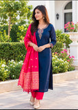Vatican Silk Blue Straight Kurti Set with Rani Dupatta & Embroidered Top