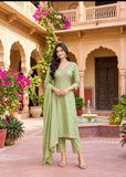 Rayon Silk Straight Kurti Set with Embroidered V-Neck & Lace Dupatta